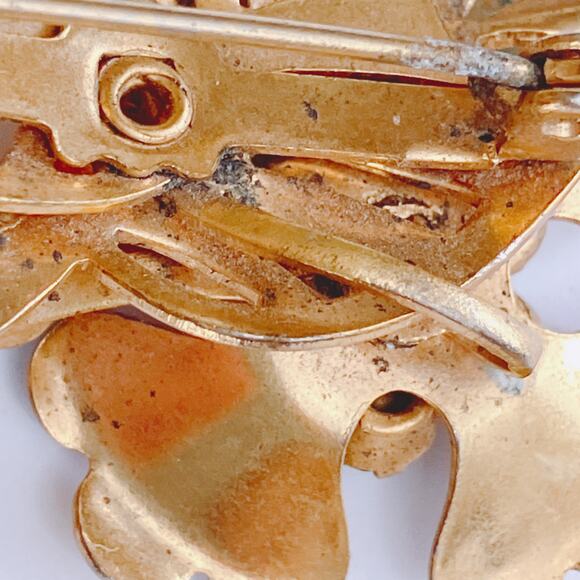 VTG 1940s Blue Rhinestone Gold Tone Floral Leaf Layered Mid Century Brooch Pin - Picture 10 of 10